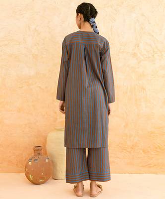 Teal blue brown striped cotton kurta set 5