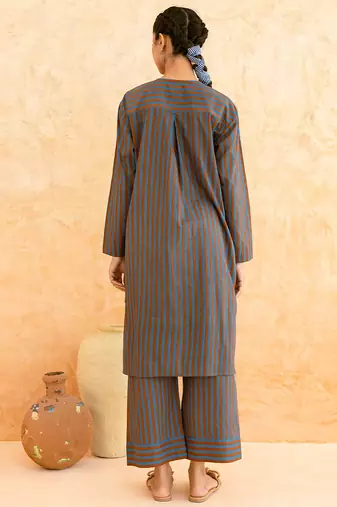Teal blue brown striped cotton kurta set