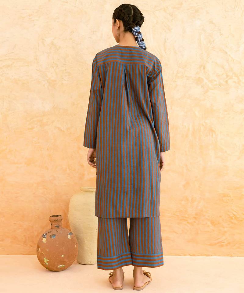 Teal blue brown striped cotton kurta set
