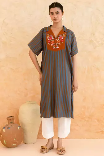 Teal blue brown embroidered cotton kurta set
