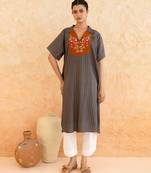 Teal blue brown embroidered cotton kurta set