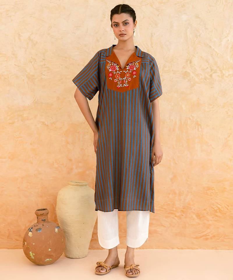 Teal blue brown embroidered cotton kurta set