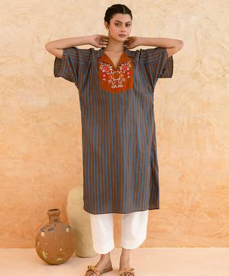 Teal blue brown embroidered cotton kurta set 2