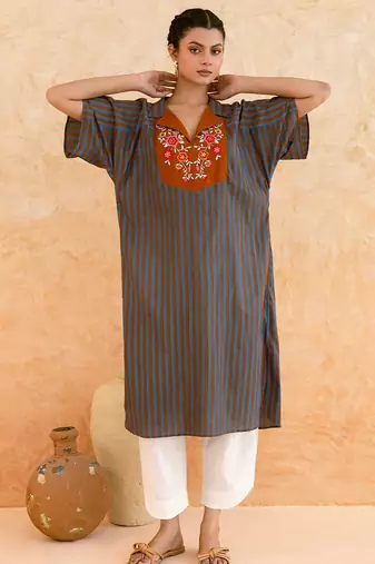 Teal blue brown embroidered cotton kurta set