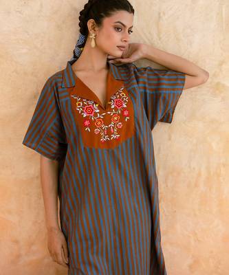 Teal blue brown embroidered cotton kurta set 3