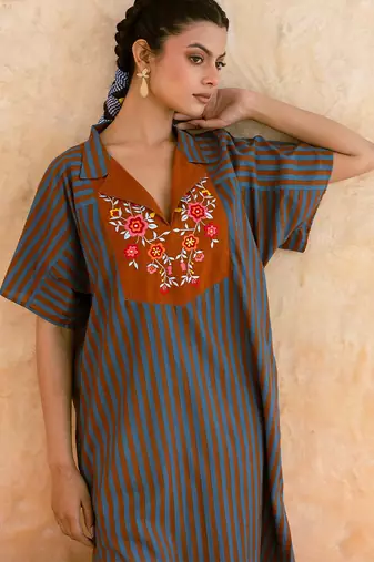 Teal blue brown embroidered cotton kurta set