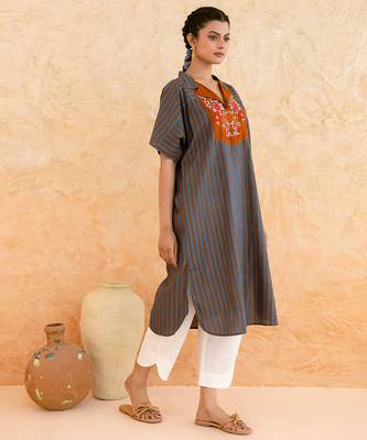 Teal blue brown embroidered cotton kurta set 4