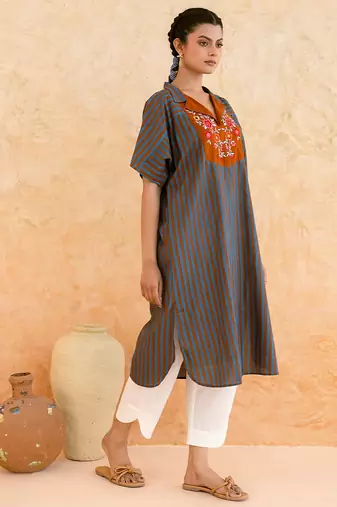 Teal blue brown embroidered cotton kurta set