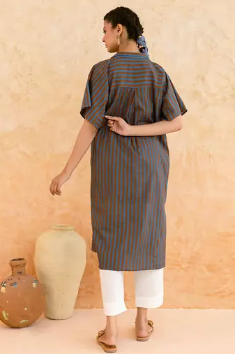Teal blue brown embroidered cotton kurta set