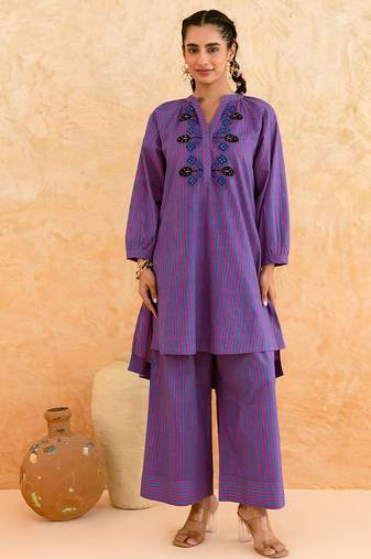 Deep purple embroidered cotton kurta set