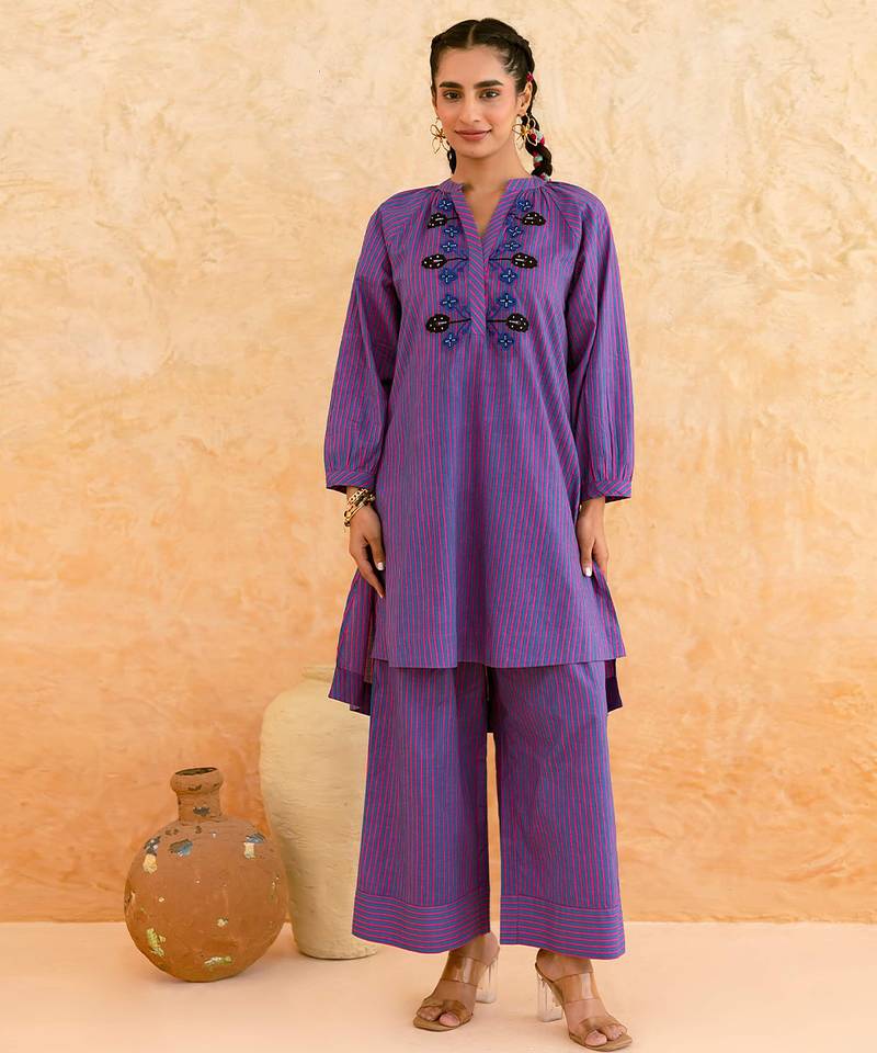 Deep purple embroidered cotton kurta set