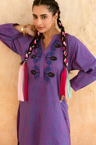 Deep purple embroidered cotton kurta set