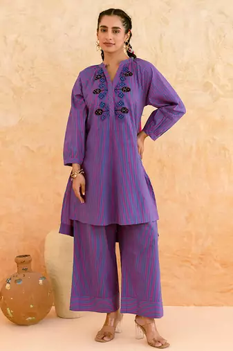 Deep purple embroidered cotton kurta set