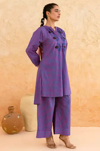 Deep purple embroidered cotton kurta set