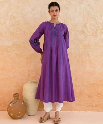 Purple striped embroidered cotton kurta set 1