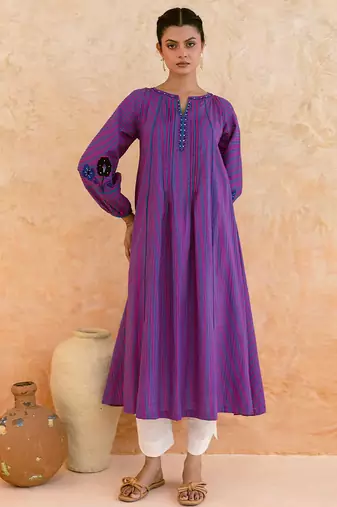 Purple striped embroidered cotton kurta set