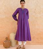 Purple striped embroidered cotton kurta set