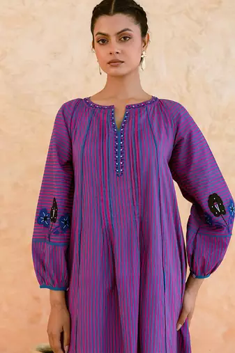 Purple striped embroidered cotton kurta set