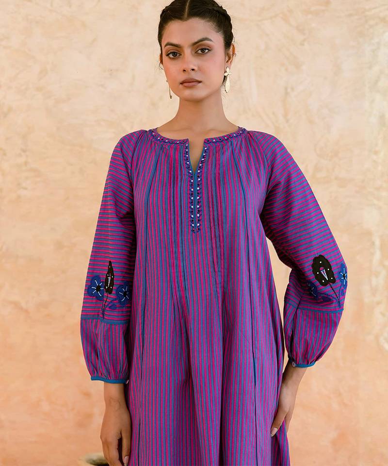 Purple striped embroidered cotton kurta set