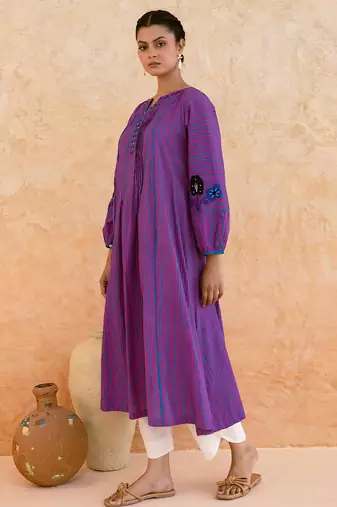 Purple striped embroidered cotton kurta set