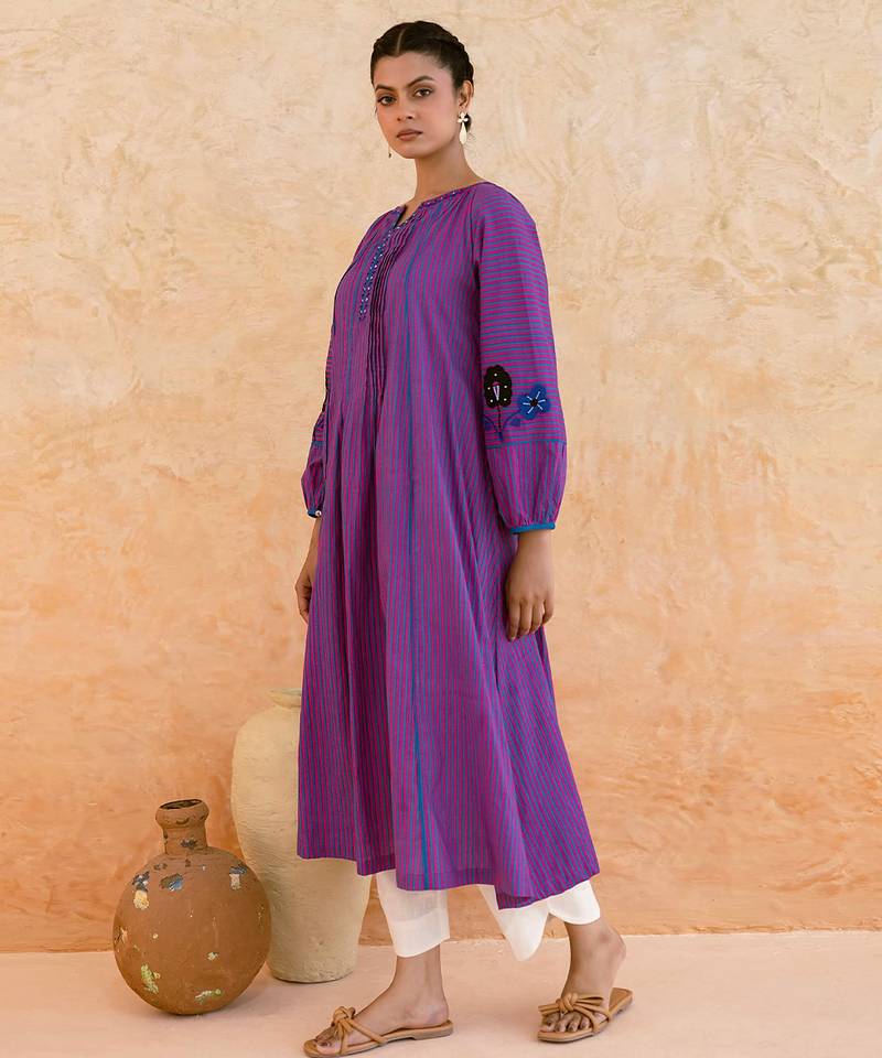 Purple striped embroidered cotton kurta set