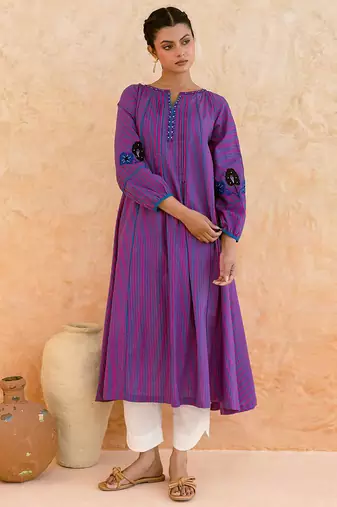 Purple striped embroidered cotton kurta set