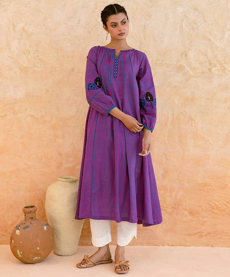 Purple striped embroidered cotton kurta set
