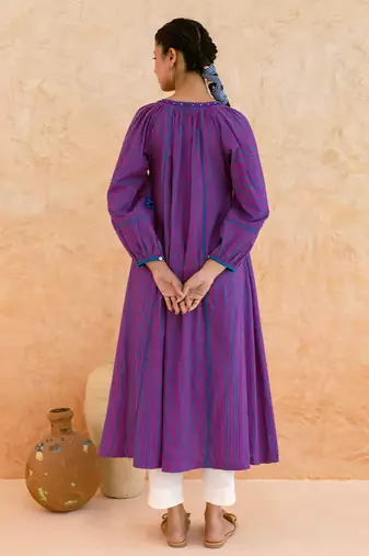 Purple striped embroidered cotton kurta set