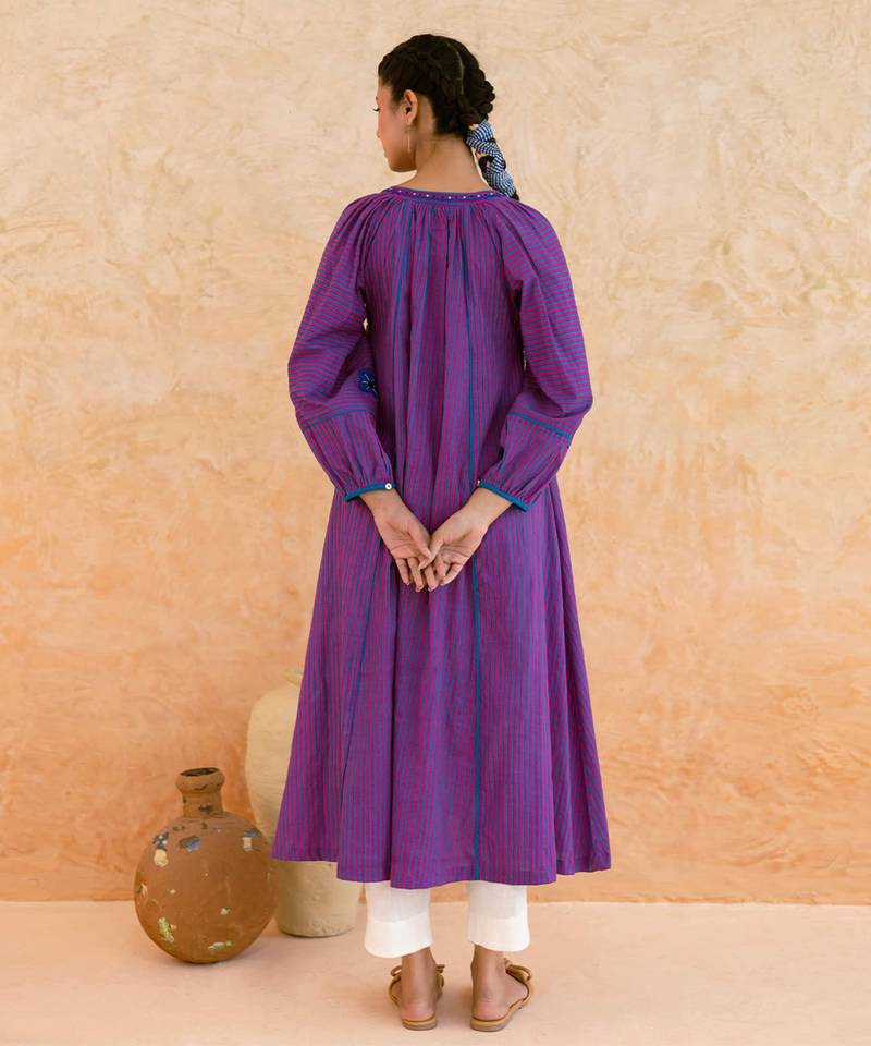 Purple striped embroidered cotton kurta set