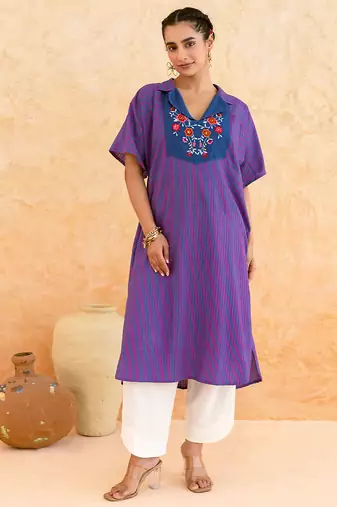Indigo purple striped embroidered cotton kurta set