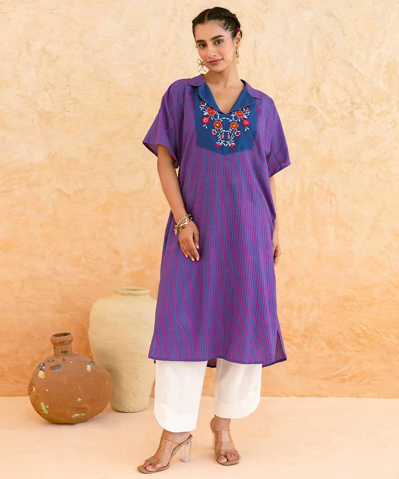 Indigo purple striped embroidered cotton kurta set