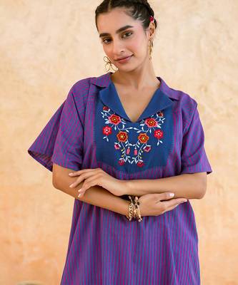 Indigo purple striped embroidered cotton kurta set 2