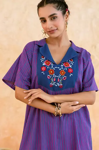 Indigo purple striped embroidered cotton kurta set