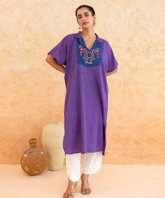 Indigo purple striped embroidered cotton kurta set 3