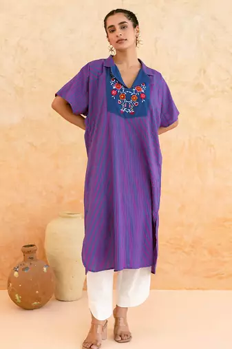 Indigo purple striped embroidered cotton kurta set