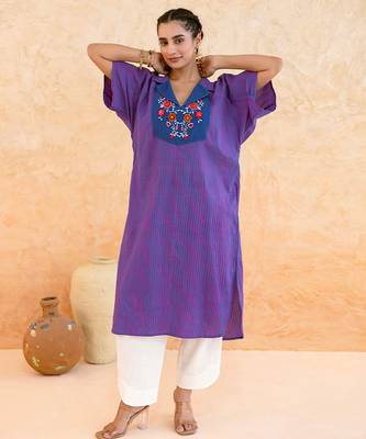 Indigo purple striped embroidered cotton kurta set 4