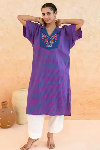 Indigo purple striped embroidered cotton kurta set