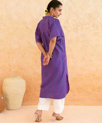 Indigo purple striped embroidered cotton kurta set 5