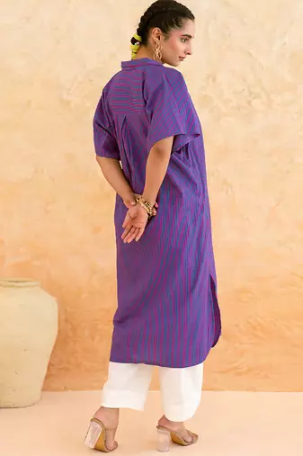 Indigo purple striped embroidered cotton kurta set