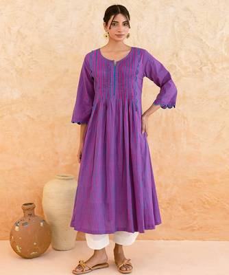 Purple striped printed cotton kurta set 1