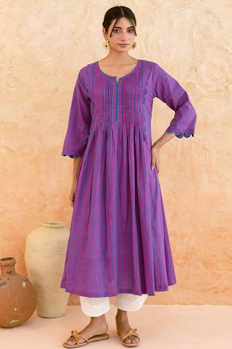 Purple striped printed cotton kurta set