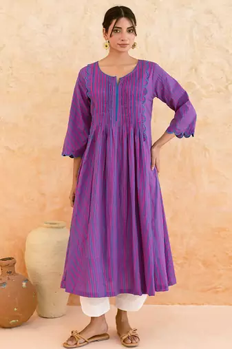 Purple striped printed cotton kurta set