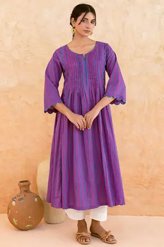 Purple striped printed cotton kurta set