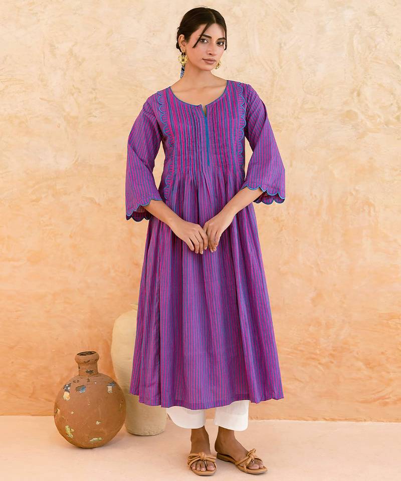 Purple striped printed cotton kurta set