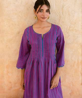 Purple striped printed cotton kurta set 3