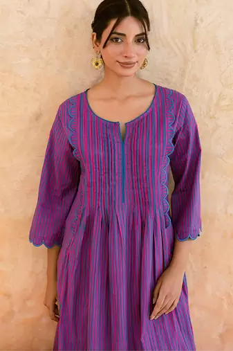 Purple striped printed cotton kurta set