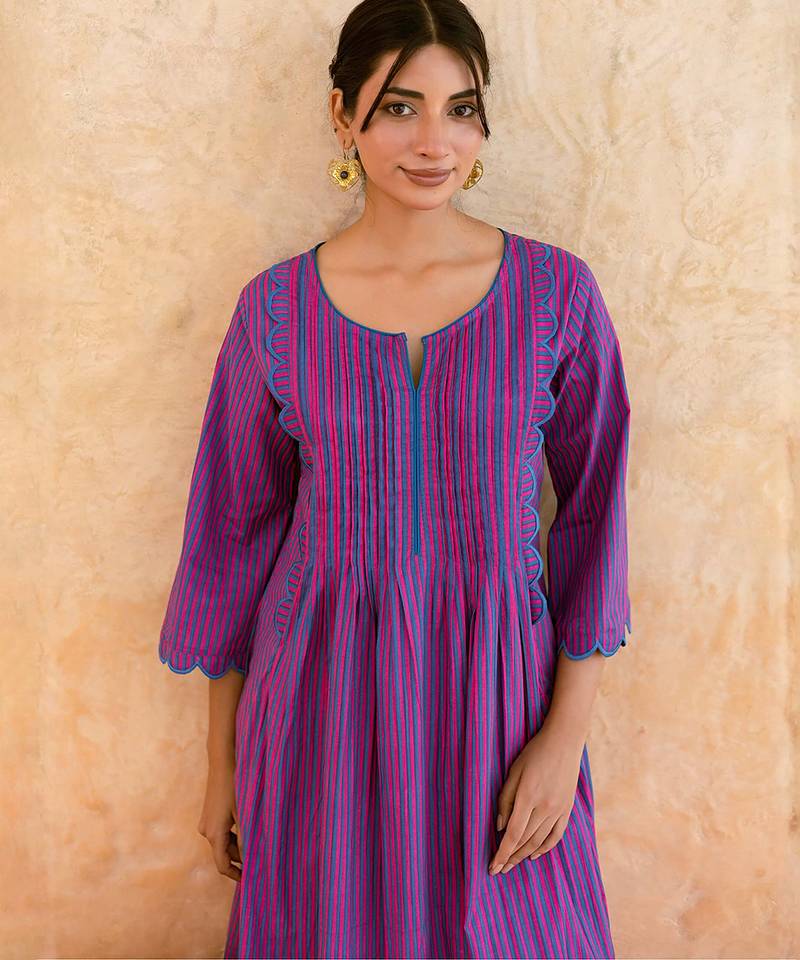 Purple striped printed cotton kurta set