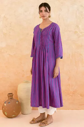 Purple striped printed cotton kurta set