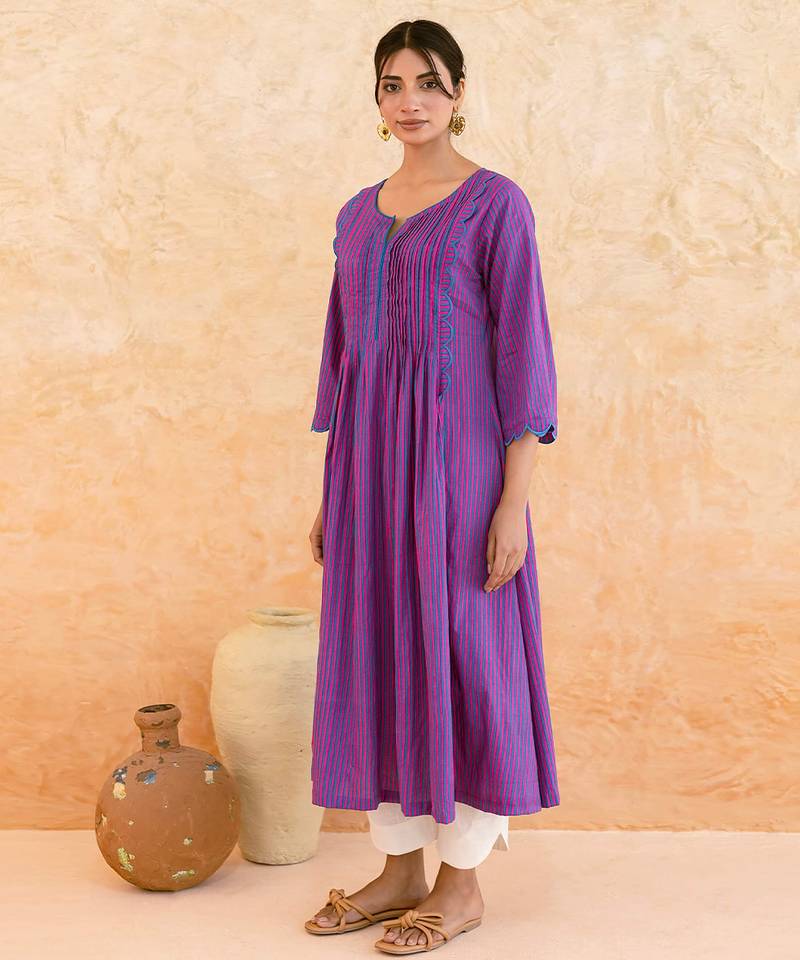Purple striped printed cotton kurta set