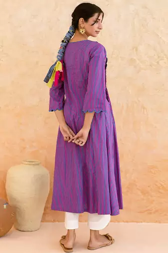 Purple striped printed cotton kurta set